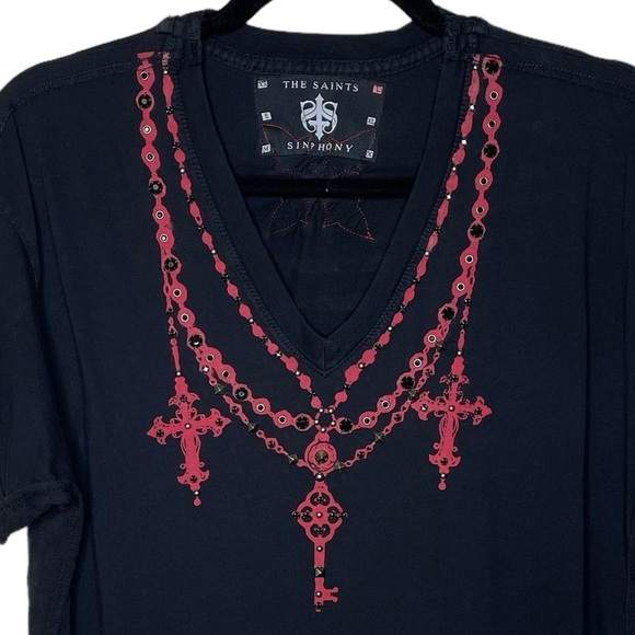 The Saints Sinphony Men’s Shirt Crosses Stars Stripes Studded Graphic Large - Picture 4 of 14